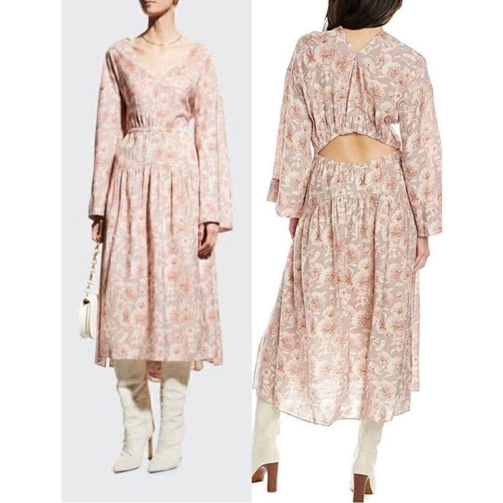Vince Nwt Dahlia Print Long Sleeve Midi Cut Out Dress Beige Pink Floral